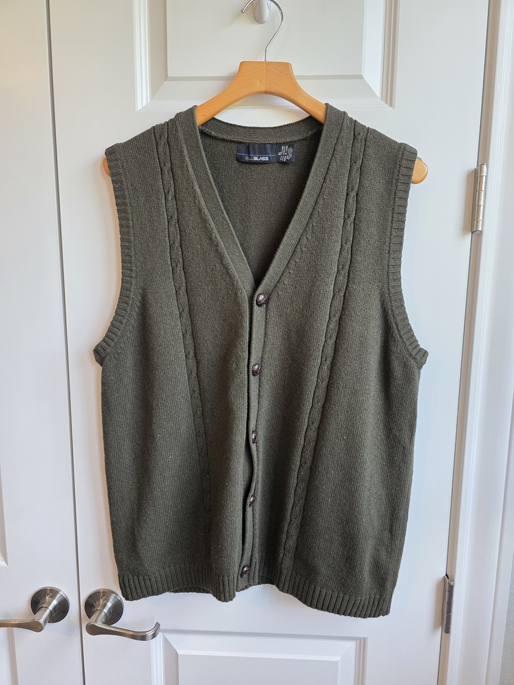 Bill Blass XL Olive Green Cotton Blend Button Front Sweater Vest Cable Knit